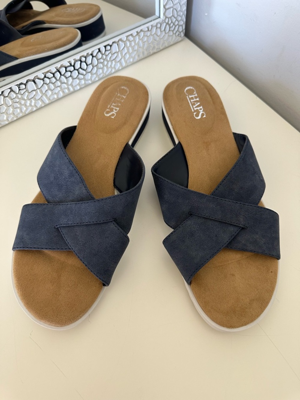 Chaps Navy Crisscross Slip-On Mules Sz 8.5B